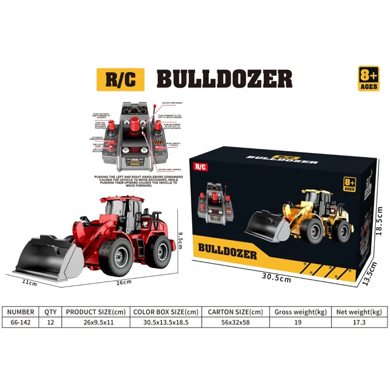 66-142 1:20 Scale Remote Control Bulldozer 9-Channel Construction Vehicle Engineering Truck 2.4G RC Excavator for Kids - Red