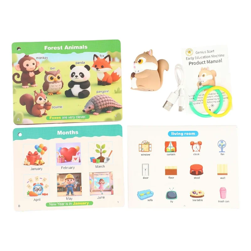 JQDXSH-002LD Squirrel Talking Early Education Machine with 56 Dual-Sided Learning Cards for Language Development