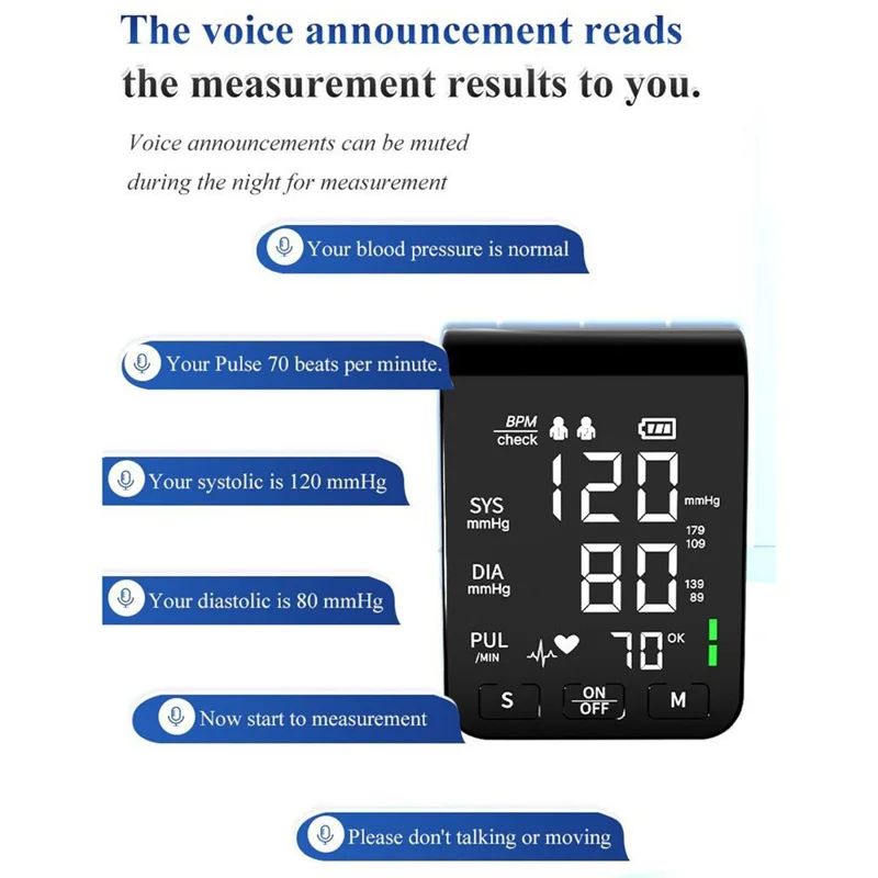 B01A-2 Automatic Upper Arm Blood Pressure Monitor LED Display Type-C Rechargeable Voice Broadcast