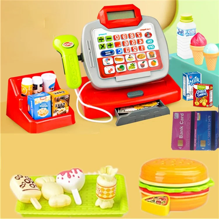 Children Pretend Play Supermarket Cash Register Set Mini Store Checkout Counter Toy with Sound Effect