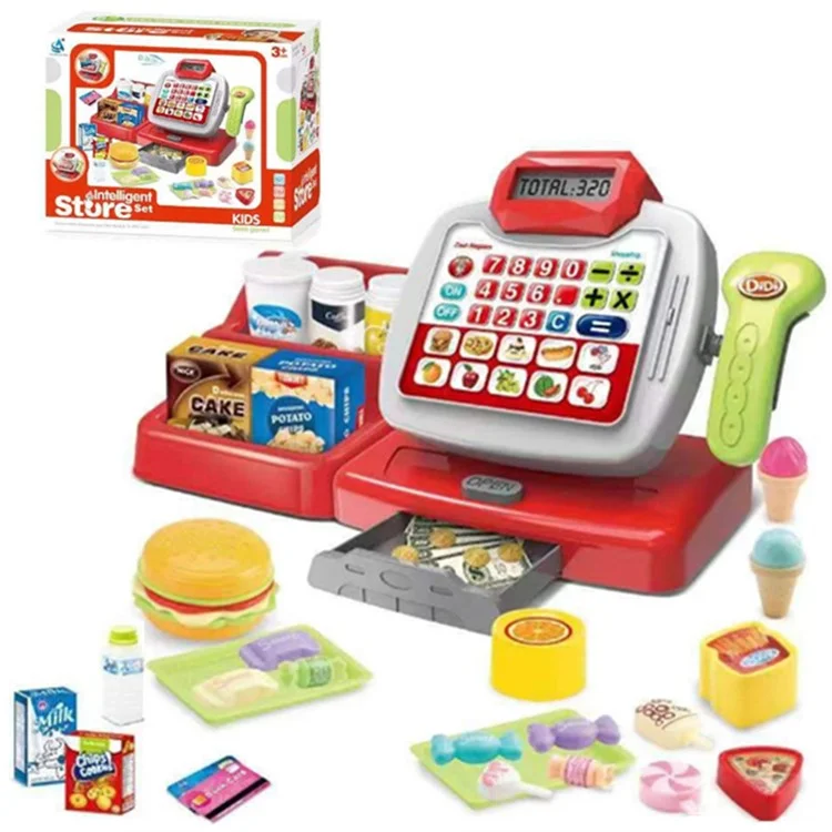 Children Pretend Play Supermarket Cash Register Set Mini Store Checkout Counter Toy with Sound Effect