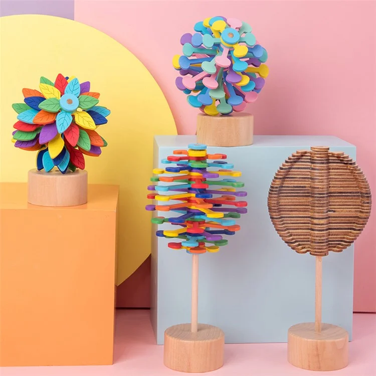 Wooden Spiral Toy Stress Relief Colorful Rotating Spinning Decorative Toy ST - Colorful Leaf