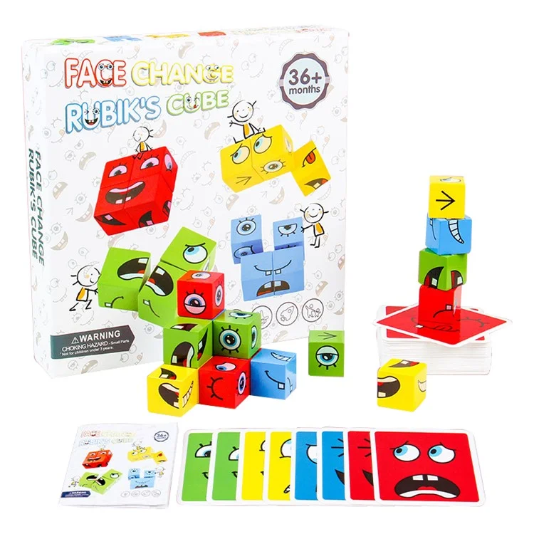 Hölzerne Ausdrücke Matching-Würfel-Puzzle Baustein Spielzeug Montessori Bildungsspielzeug für Kinder 