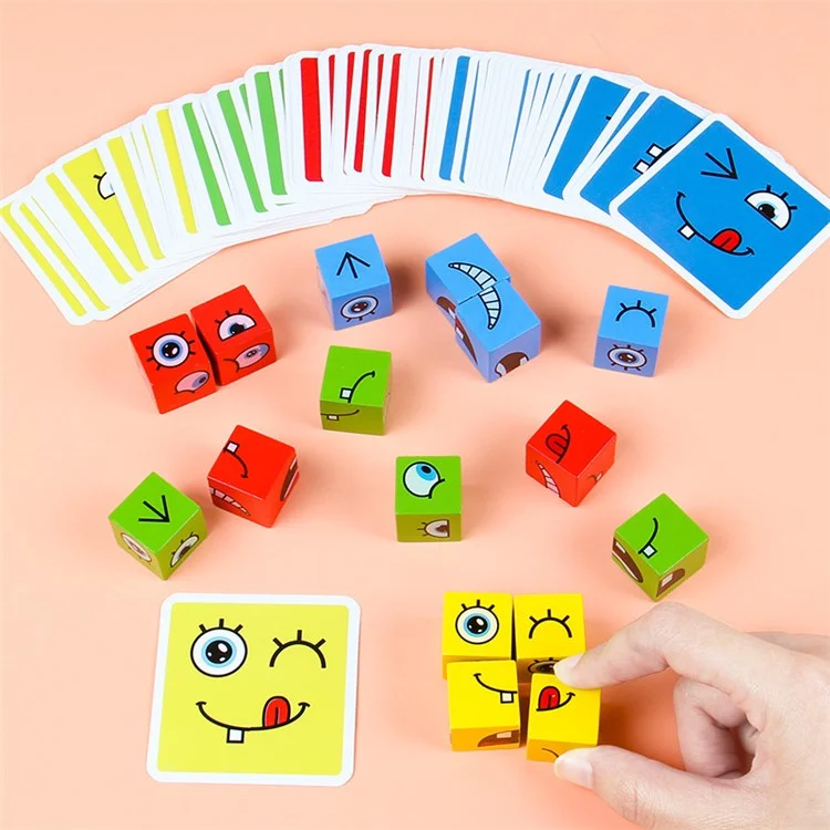 Hölzerne Ausdrücke Matching-Würfel-Puzzle Baustein Spielzeug Montessori Bildungsspielzeug für Kinder 