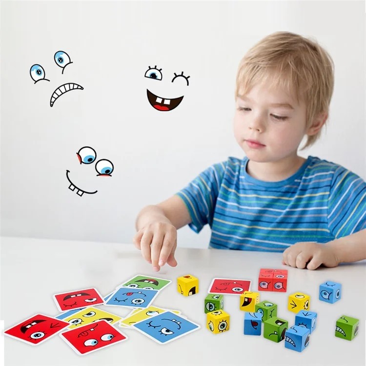 Hölzerne Ausdrücke Matching-Würfel-Puzzle Baustein Spielzeug Montessori Bildungsspielzeug für Kinder 