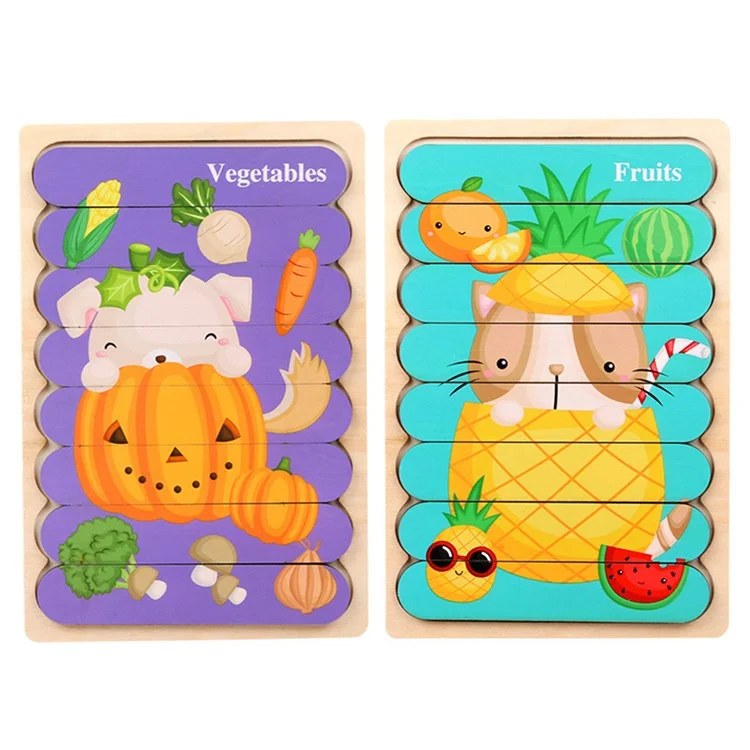 2Pcs / Set Kid Wooden Cartoon Double-Sided Bar Jigsaw Puzzle Educational Toy Intellectual Toy Gift Perfect for Kids Ages 3+ Years - Légumes + Fruits