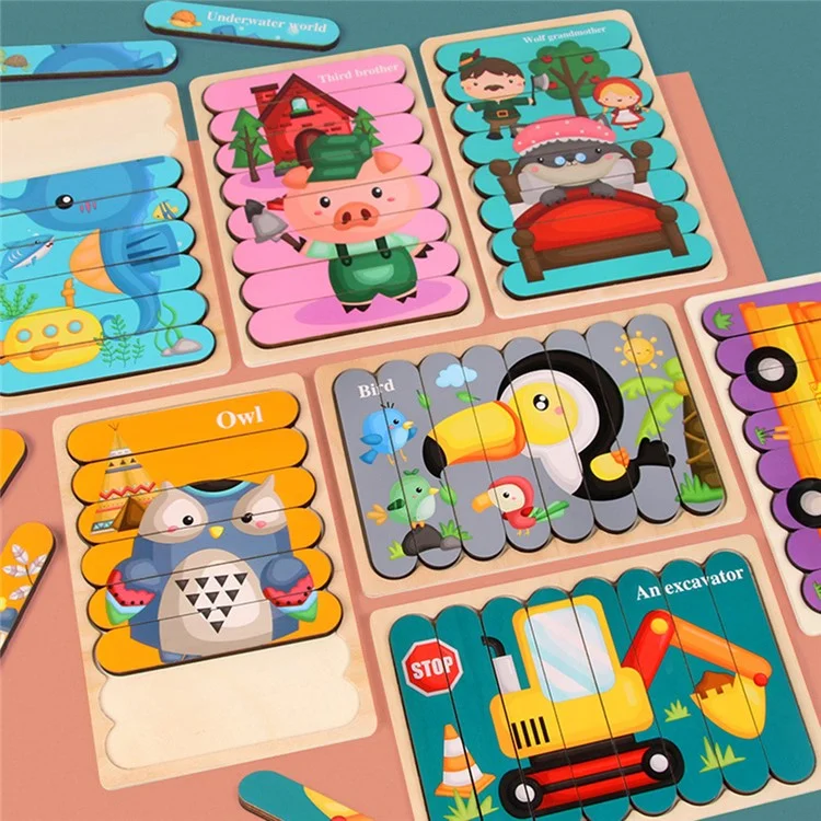 2Pcs / Set Kid Wooden Cartoon Double-Sided Bar Jigsaw Puzzle Educational Toy Intellectual Toy Gift Perfect for Kids Ages 3+ Years - Légumes + Fruits