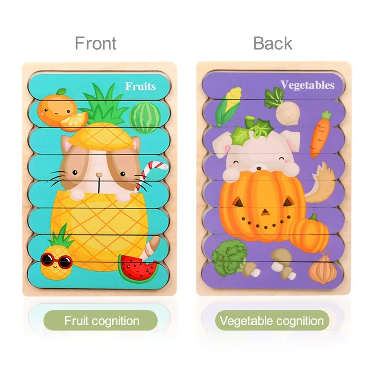 2Pcs / Set Kid Wooden Cartoon Double-Sided Bar Jigsaw Puzzle Educational Toy Intellectual Toy Gift Perfect for Kids Ages 3+ Years - Légumes + Fruits