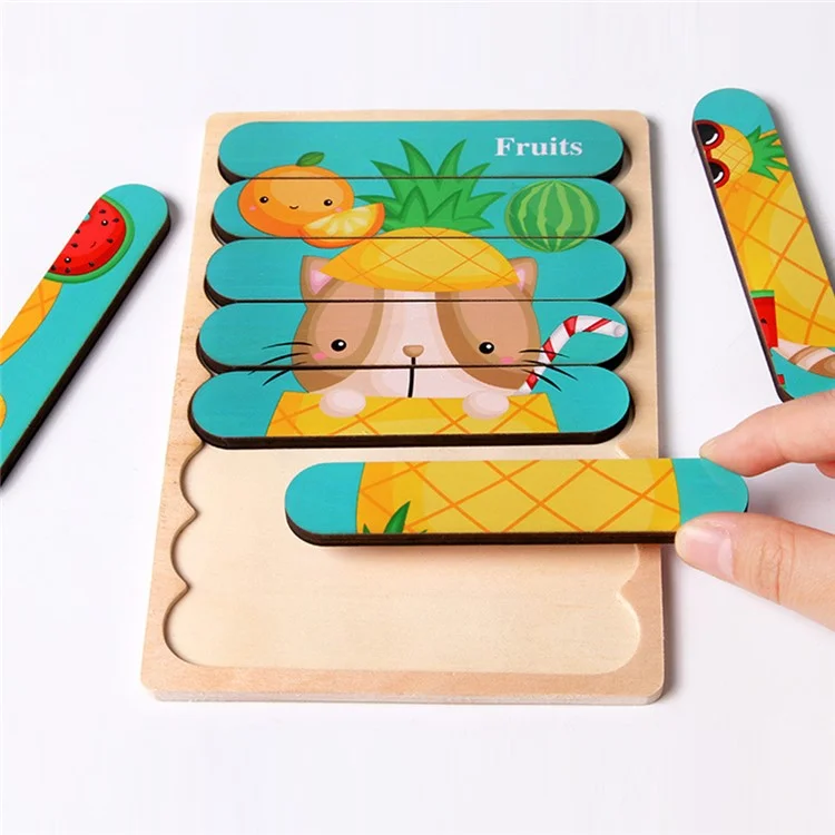 2Pcs / Set Kid Wooden Cartoon Double-Sided Bar Jigsaw Puzzle Educational Toy Intellectual Toy Gift Perfect for Kids Ages 3+ Years - Légumes + Fruits