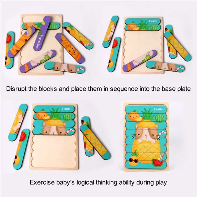 2Pcs / Set Kid Wooden Cartoon Double-Sided Bar Jigsaw Puzzle Educational Toy Intellectual Toy Gift Perfect for Kids Ages 3+ Years - Légumes + Fruits