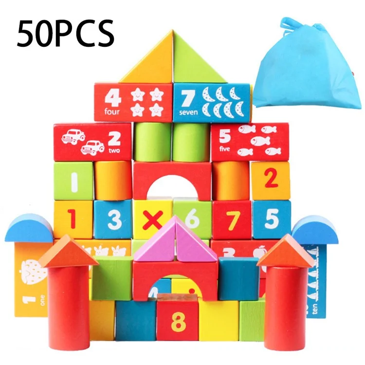 50 Stück / Set Bunte Bauklötze aus Buchenholz, Stapelklötze, Kinderspielset, Lernspielzeug