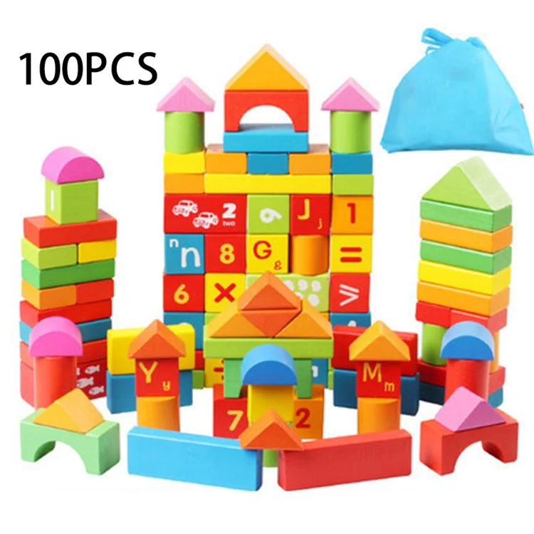 100 Stück / Set Bauklötze Spielset Buchenholz Stapelbare bunte Blöcke Lernspielzeug für Kinder