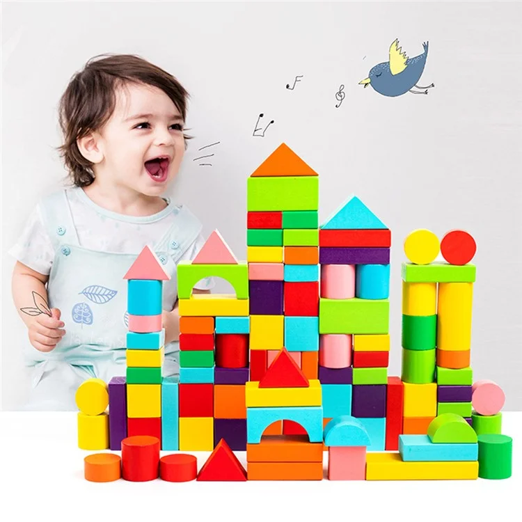 100 Stück / Set Bauklötze Spielset Buchenholz Stapelbare bunte Blöcke Lernspielzeug für Kinder