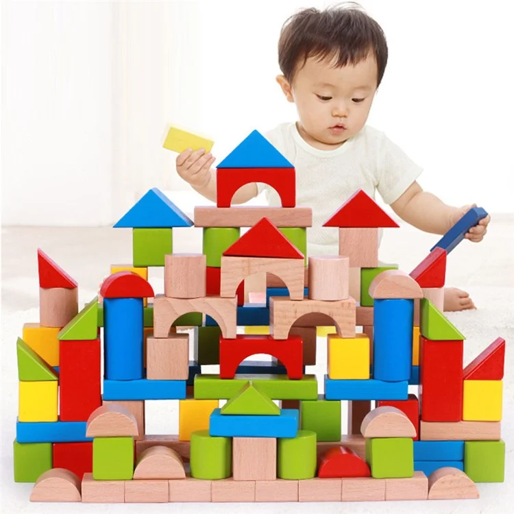 100 Stück / Set Bauklötze Spielset Buchenholz Stapelbare bunte Blöcke Lernspielzeug für Kinder