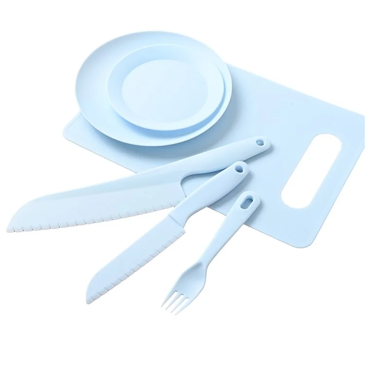 6Pcs / Set PP Knife Fork Plate Cutting Board Kids Play House Kitchen Toy Food Cutting Tool Set (FDA Certificated, BPA-free) - Blue