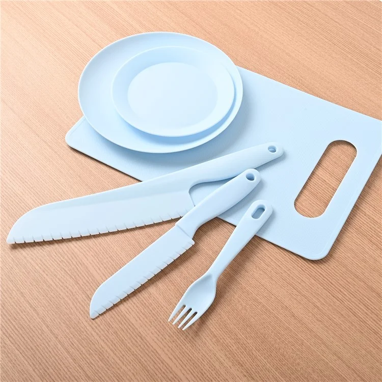 6Pcs / Set PP Knife Fork Plate Cutting Board Kids Play House Kitchen Toy Food Cutting Tool Set (FDA Certificated, BPA-free) - Blue
