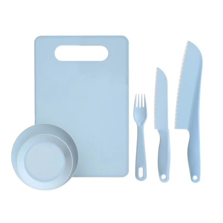 6Pcs / Set PP Knife Fork Plate Cutting Board Kids Play House Kitchen Toy Food Cutting Tool Set (FDA Certificated, BPA-free) - Blue