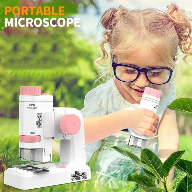 8608 Mini Kids Microscope Handheld Educational Science Kit with Bright LED (English) - Blue