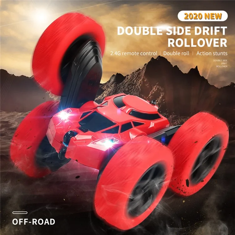 Voiture télécommandée Flip Stunt 7 km/h Voiture RC haute vitesse avec éclairage LED Jouet pour enfants - Rouge