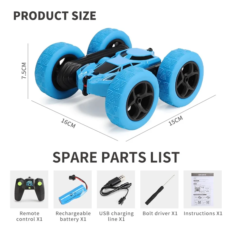 Flip Stunt Remote Control Car 7km / h High Speed RC Vehicle with LED Light Kids Toy Gift - Blue