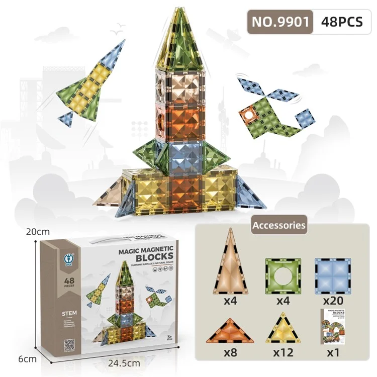 DIGE 9901 48-teiliges Bildungsspielzeug-Set Magnettiles mit Diamantstruktur Kinder Magnetpuzzle Baukästen