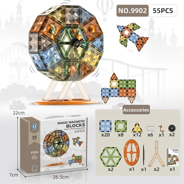 DIGE 9902 Blocos de Construção de 55 Peças / Conjunto para Crianças, Ladrilhos Magnéticos com Textura Diamante 4D Brinquedos de Quebra-cabeça