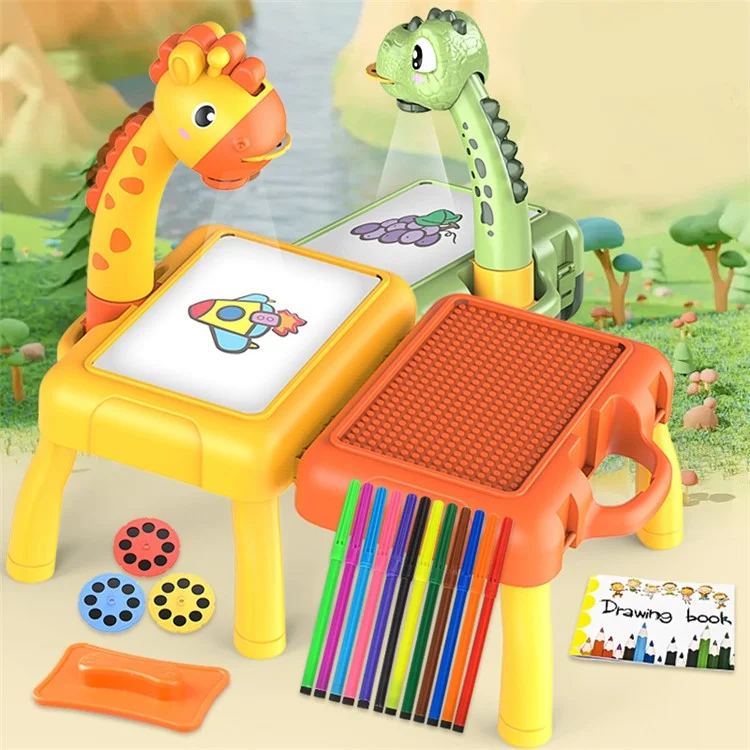Kids Cartoon Dinosaurs / Deer LED Projection Painting Table Writing Drawing Board Children Educational Toy with Music and Light - Green
