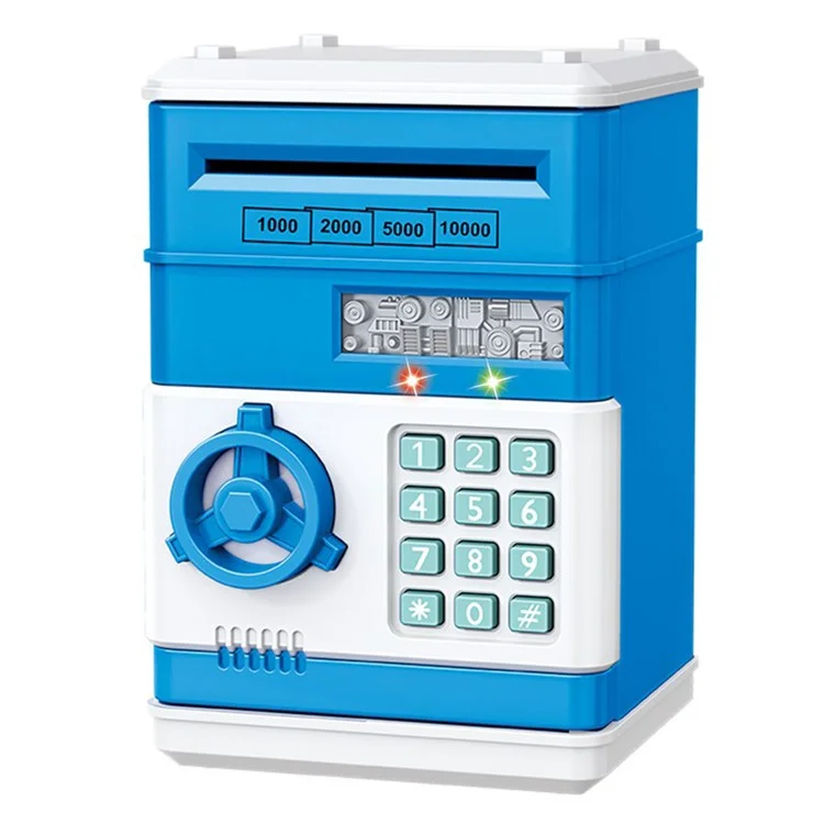 7901 Hucha electrónica con forma de cajero automático de dibujos animados para niños, con clave de contraseña, caja de ahorro de dinero en efectivo y monedas, con desplazamiento automático de billetes, color azul