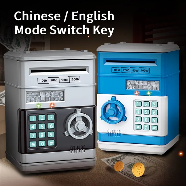 7901 Hucha electrónica con forma de cajero automático de dibujos animados para niños, con clave de contraseña, caja de ahorro de dinero en efectivo y monedas, con desplazamiento automático de billetes, color azul