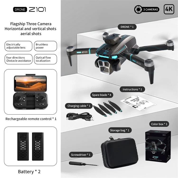 Z101 Aerial Photography Drone Optischer Fluss Hinderniserkennung RC Quadcopter 4K HD-Flugzeug, 2 Batterien