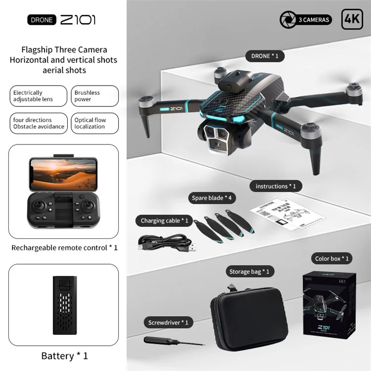 Drone per fotografia aerea Z101 con flusso ottico, evitamento ostacoli e quadricoptero RC 4K HD, 1 batteria