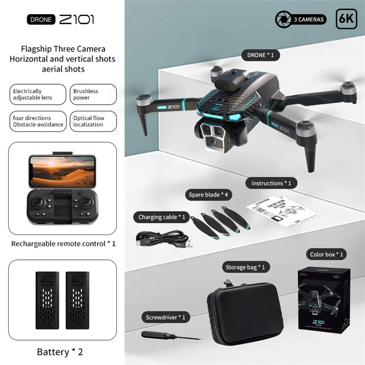 Drone de photographie aérienne Z101 avec capteur de flux optique et évitement d'obstacles, Quadrirotor RC 6K HD, 2 batteries