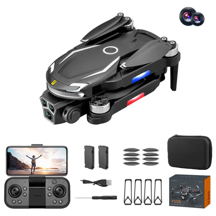 V888 Folding RC Drone 3 Camera Lens Optical Flow Positioning Brushless Quadcopter, 2 Batteries - Black