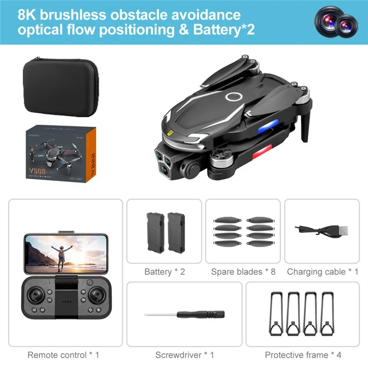 V888 Folding RC Drone 3 Camera Lens Optical Flow Positioning Brushless Quadcopter, 2 Batteries - Black