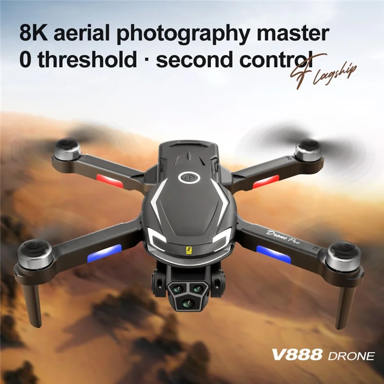 V888 Folding RC Drone 3 Camera Lens Optical Flow Positioning Brushless Quadcopter, 2 Batteries - Black