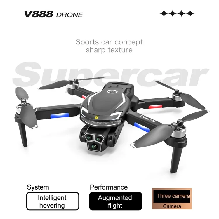 V888 Folding RC Drone 3 Camera Lens Optical Flow Positioning Brushless Quadcopter, 2 Batteries - Black
