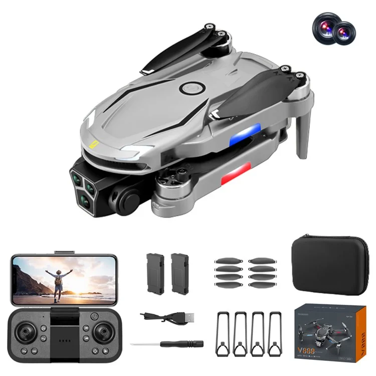 Drone RC pliable V888 à 3 objectifs caméra, positionnement par flux optique, moteurs sans balais, 2 batteries - Gris