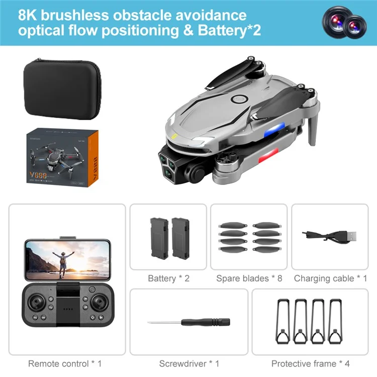 Drone RC pliable V888 à 3 objectifs caméra, positionnement par flux optique, moteurs sans balais, 2 batteries - Gris