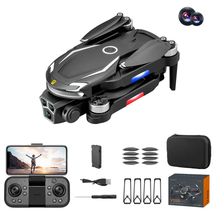 V888 Optischer Durchflusssensor Positionierung Faltbare RC Drohne 3 Kameraobjektive Bürstenloser Motor Quadcopter, 1 Akku - Schwarz