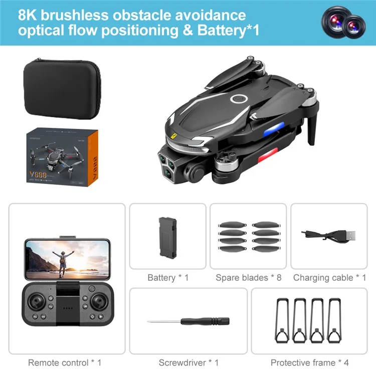 V888 Optischer Durchflusssensor Positionierung Faltbare RC Drohne 3 Kameraobjektive Bürstenloser Motor Quadcopter, 1 Akku - Schwarz