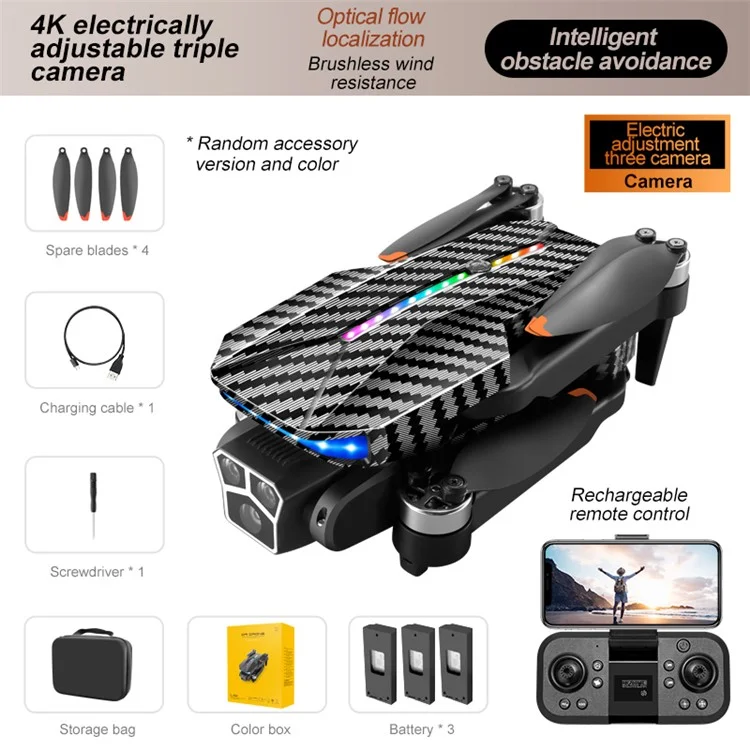 Беспилотный летательный аппарат D9 HD Camera RC с автоматическим распознаванием препятствий, функцией удержания высоты, бесщеточными двигателями и возможностью складывания, 3 аккумулятора