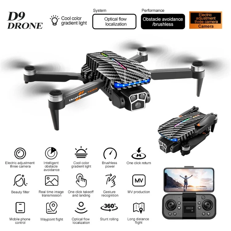 D9 HD Aerial Photography RC Drone Obstacle Avoidance Brushless Motor Folding Quadcopter, 2 Batterien