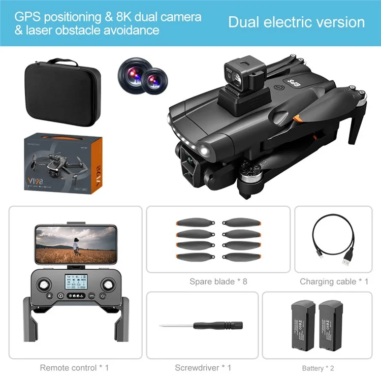 V198 HD Camera RC Drone GPS Smart Return Laser Obstacle Avoidance Brushless Quadcopter, 2 Batteries