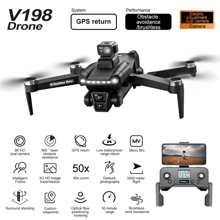 V198 HD Camera RC Drone GPS Smart Return Laser Obstacle Avoidance Brushless Quadcopter, 2 Batteries