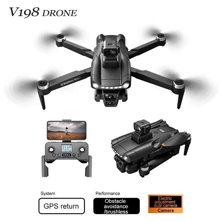 V198 HD Camera RC Drone GPS Smart Return Laser Obstacle Avoidance Brushless Quadcopter, 2 Batteries