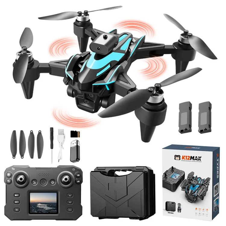 XKJ K12MAX HD Camera RC Drone Brushless Foldable Quadcopter with Display Screen Remote Control, 2 Batteries