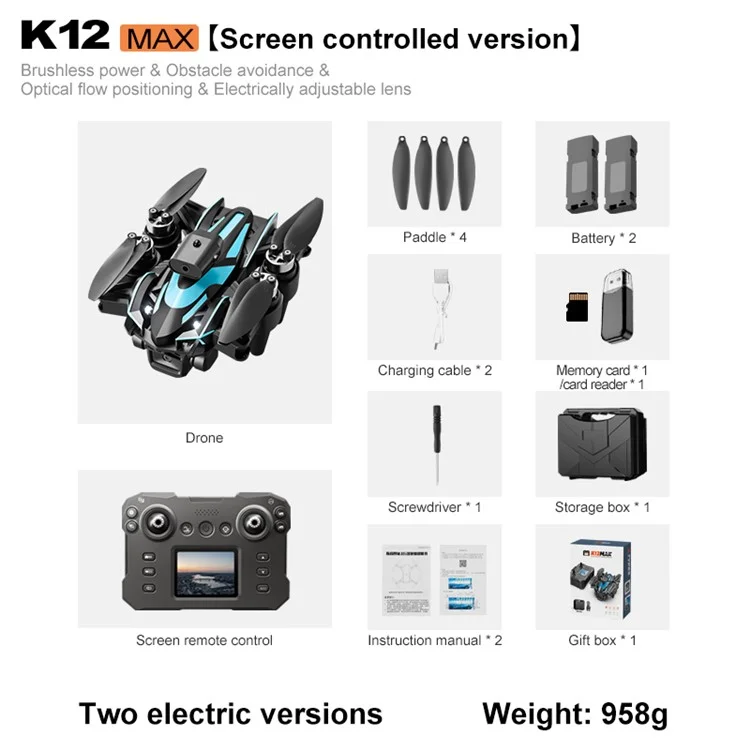 XKJ K12MAX HD Camera RC Drone Brushless Foldable Quadcopter with Display Screen Remote Control, 2 Batteries