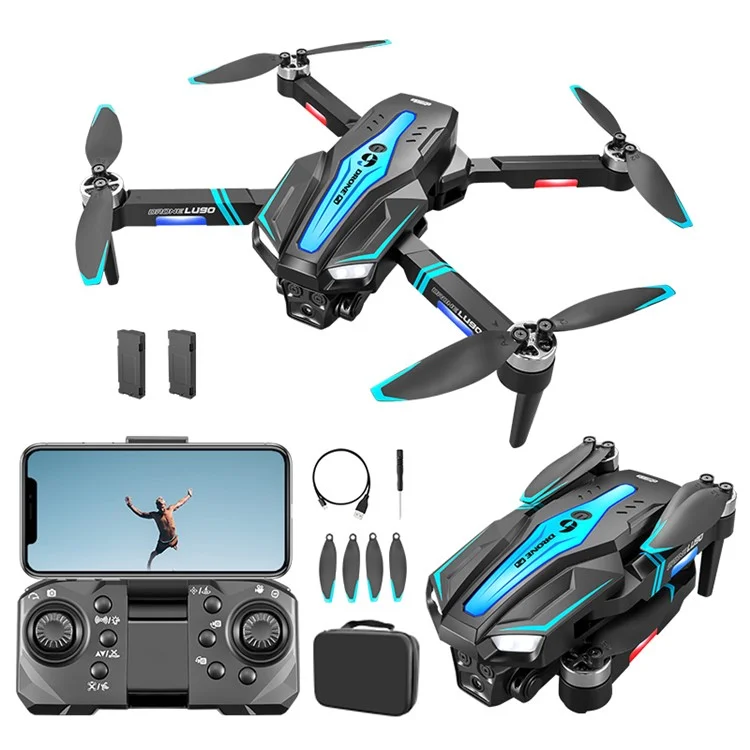 Lu90 HD Photography Flow Optical Flow RC Drone Colorido Quadro de Motor Sem Escova Leve, 2 Baterias - Preto+azul