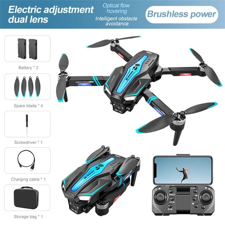 Lu90 HD Photography Flow Optical Flow RC Drone Colorido Quadro de Motor Sem Escova Leve, 2 Baterias - Preto+azul