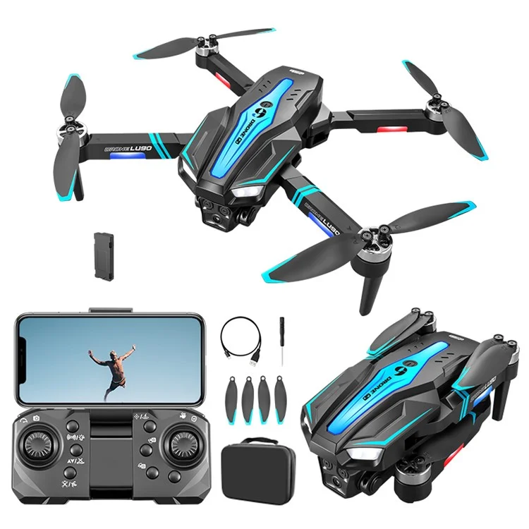 LU90 HD Aerial Photography Optical Flow RC Drone Colorful Light Brushless Motor Quadcopter, 1 Battery - Black+Blue